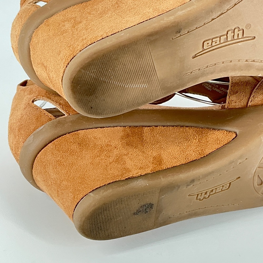 Earth Size 11 Biscuit Tan Suede Wedge Sandals Womens Ruched Ankle Strap Curvet - Picture 11 of 13